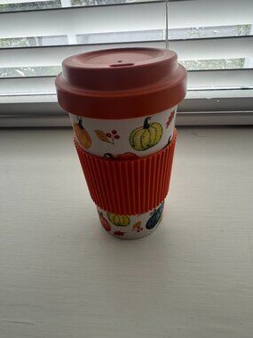 Pumpkin Print Reusable Bamboo Mug Tumbler Cup with Lid and Sleeve